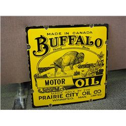 Buffalo Motor Oil Porcelain Sign, Prairie City Oil Co, Winnipeg Man. Fantasy Piece, 24"x24"