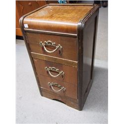 Antique Wooden Nightstand, 3 Drawer, 15”x12”x27”