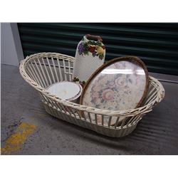 Wicker Basket W/ Trays And Enamelware