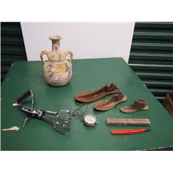 Lot Of Misc. (Metal Shoe Presses, Red Imp Razor, Clay Vase)