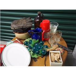 Lot of Misc (Brown Glass Jug, Old Baseball Mitt, Heated Coffee Cup, Assorted Glass, etc;)