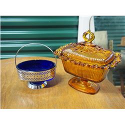 Yellow Glass Butter Dish with Lid,, and Blue Glass Candy Dish.