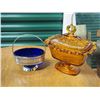 Image 1 : Yellow Glass Butter Dish with Lid,, and Blue Glass Candy Dish.