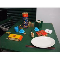 Lot of Assorted Toys (Tin Bird, Dinosaur Cards, Crumb Sweeper, Tea set)