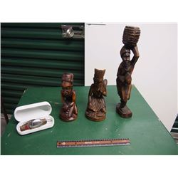 Three African Wood Statues and Camping Multi-Tool