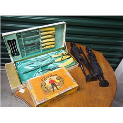 Two Wood African Statues, Steak Set, and Cigar Box