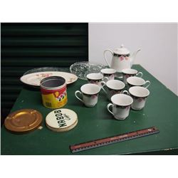 Kettle With Matching Cups (8), W/ Platters, Tins