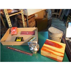 Lot Of Misc. (Fire Alarm, Wood Jewellery Box, Metal Tin Etc)