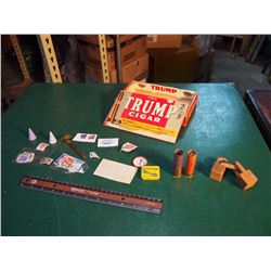 Trump Cigar Box Full Of Misc (Stamps, Fuse Tin, Shotgun Shell Match Holder Etc.)