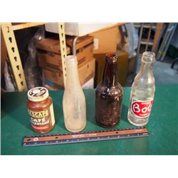 Glass bottles (4) (Nescafe, Canada Dry, Sioux City Sarsaparilla, Bobs, Swift Current)