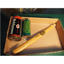 Mobile Grease Gargoyle Tin and Aircraft Turbine Engine Tin, Both Full, With Imperial Hammer Handle