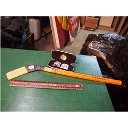 Bill Gadsby Autographed Wooden Mini-Hockey Stick W/ A Tim Horton 2002 NHL AII-Stars Medallion & Stam