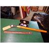 Image 1 : Bill Gadsby Autographed Wooden Mini-Hockey Stick W/ A Tim Horton 2002 NHL AII-Stars Medallion & Stam