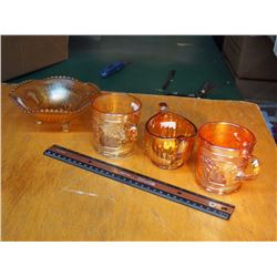 Marigold Carnival Glass, Assortment (4) (Footed Candy Dish, Mugs, Sugar)