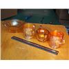 Image 1 : Marigold Carnival Glass, Assortment (4) (Footed Candy Dish, Mugs, Sugar)