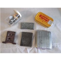 Misc Lot (Old Foreign Coins, Tobacco Tin, Cig Case Hudson Bay Lead, Crayola Commemorative Silver Bro