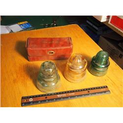 Coloured Glass Telephone Insulators (3) & Shoe Shine Kit (Dominion, Hemmingray, Patent 1893)