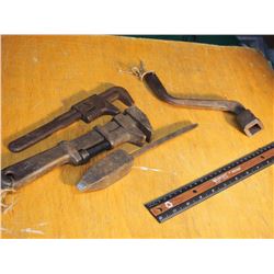 Steel Pipe Wrenches (2), Metal Tire Wrench, Wood Stove Grate Crank