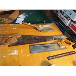 Lot of Wood Saws (2), With Wood Stove Ash Shovel (Disston, Benchmark) (Back Saw 14”, Handsaw)