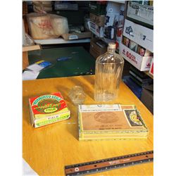 Lot of Misc, (Wooden Cigar Box, Box Of Mosquito Coils, Ink Bottle, Whisky Bottle)