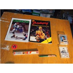 Box of Vancouver Canucks Memorabilia, Motion Pen, 1986-87 Kraft Cards  Team Set, 1987-88 Cunucks She