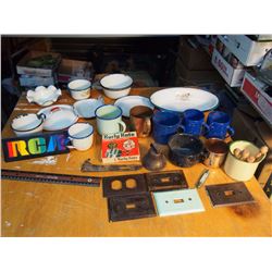 Lot of Enamelware (Speckled Cups, Plates, Switch Covers)