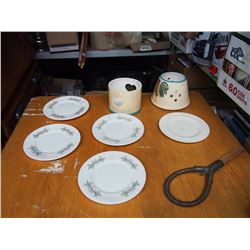 Lot of Dishware, (4 with CP 1959 Markings) Candle Shrouds, and Rug Beater