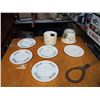 Image 1 : Lot of Dishware, (4 with CP 1959 Markings) Candle Shrouds, and Rug Beater