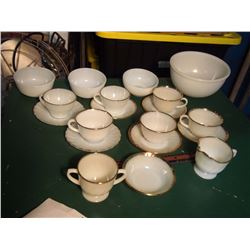 Lot Of Milk Glass with Golden Trim Dishware (Cups, Saucers, Cream, Sugar, Mostly Fire-King)