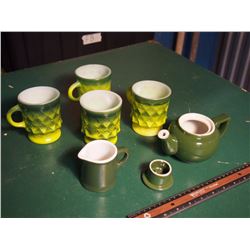 Japanese Made Tea Pot And Creamer W/ Set Of Fire King Mugs