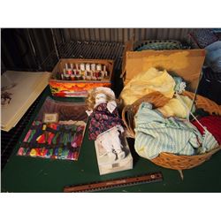 Lot Of Craft Supplies, Yarn, Thread, Doll