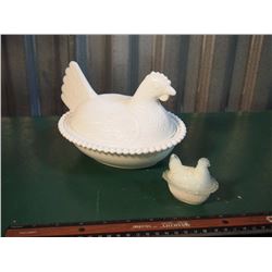 Milk Glass Chicken And Nest W/ Chipped Mini Chicken And Nest
