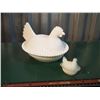 Image 1 : Milk Glass Chicken And Nest W/ Chipped Mini Chicken And Nest