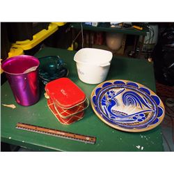 Lot Of Misc. (Tin Box, Wood Plate, Corningware)