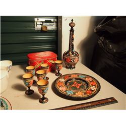 Set Of Heavily Decorated Wooden Container Cups And Plate