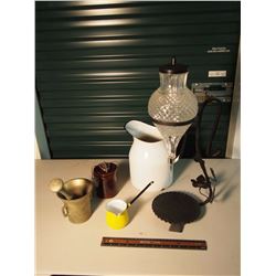 Lot Of Misc. (Ceramic Pitcher, Brass Grinder Etc.)