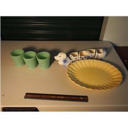 Lot Of Misc. (Jadite Fire King Mugs, Container Dog, Platter)