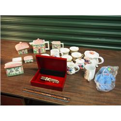 Lot Of Dishware, Jewellery Box Etc. (Bird Mugs, Beanie Baby)