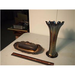 Silver Plated Butter Dish W/ Carnival Glass Vase