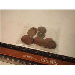 Lot of 15 Canada One Cent Coins: 1921, 1929, 1932, 1933 (5), 1934 (4) & 1936 (3); Worn Condition