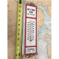 Vintage Red & White Stores Spalding Saskatchewan Advertising Thermometer