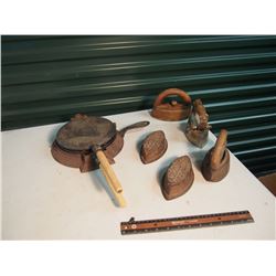 Lot Of Cast Iron Sad Irons And Waffle Pan