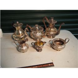 Lot Of Silver Looking Kettles, Cream, Sugar, Etc