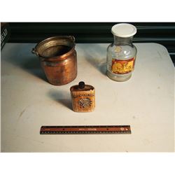 Lot of misc (Indian Firewater Bottle, Brass Bucket, Lion King Glass Jar)