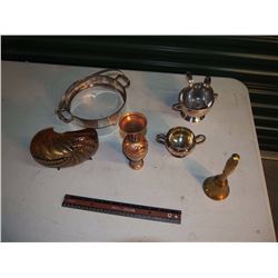 Lot of Metal Misc (Table Piece, Napkin Holder, Bell, Bowl and Spoon Set, Etc;)