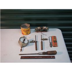 Vogue Tobacco Tin, Vacuum Pressure Gauge, Stanley Wooden Handled Screwdriver, Etc