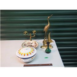 Brass Figurines / Blue Mountain Pottery Case / Enamelware