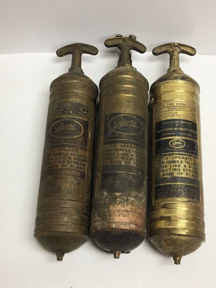 Lot (3) Antique Pyrene Brass Fire Extinguishers, One With Hanger