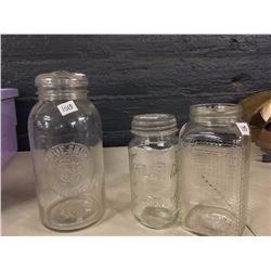 Glass Jars (3) (True Fruit, Atlas, Unmarked) W/ 1 Metal Lid With Porcelain Base And 1 Glass Lid