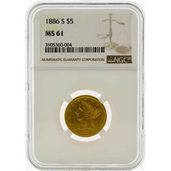 1886-S $5 Liberty Head Half Eagle Gold Coin NGC MS61